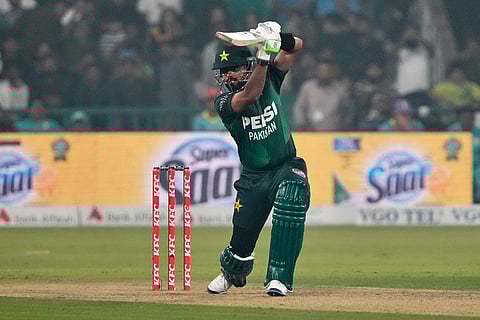 Pakistan's Babar Azam bats during the second T20 cricket match between Pakistan and South Africa, in Lahore, Pakistan.
