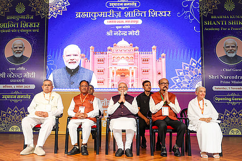 In this image received on Nov. 1, 2025, Prime Minister Narendra Modi with Chhattisgarh Chief Minister Vishnu Deo Sai, second from left, and others during the inauguration the 'Shanti Shikhar' centre for spiritual learning and meditation of Brahma Kumaris, in Nava Raipur Atal Nagar, Chhattisgarh.