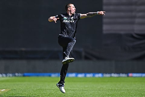 Blair Tickner of New Zealand reacts after he dismissed Sam Curran of England during the One Day International cricket match between New Zealand and England in Wellington, New Zealand.
