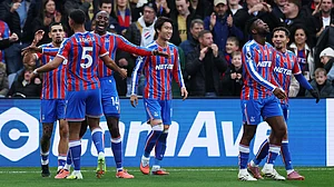 Crystal Palace players celebrate against Brentford during the English Premier League 2025-26 match.