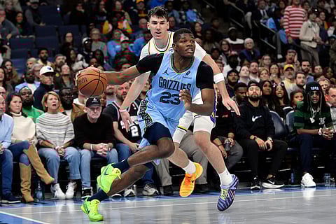 Memphis Grizzlies forward Cedric Coward (23) handles the ball ahead of Los Angeles Lakers forward Jake LaRavia, back, in the first half of an NBA Cup basketball game in Memphis, Tenn.
