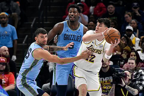 Los Angeles Lakers forward Jake LaRavia, right, handles the ball against Memphis Grizzlies guard John Konchar, left, and forward Jaren Jackson Jr., center, in the first half of an NBA Cup basketball game in Memphis, Tenn.