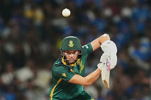 South Africa's Tazmin Brits plays a shot during the ICC Women's Cricket World Cup final match between India and South Africa in Navi Mumbai.