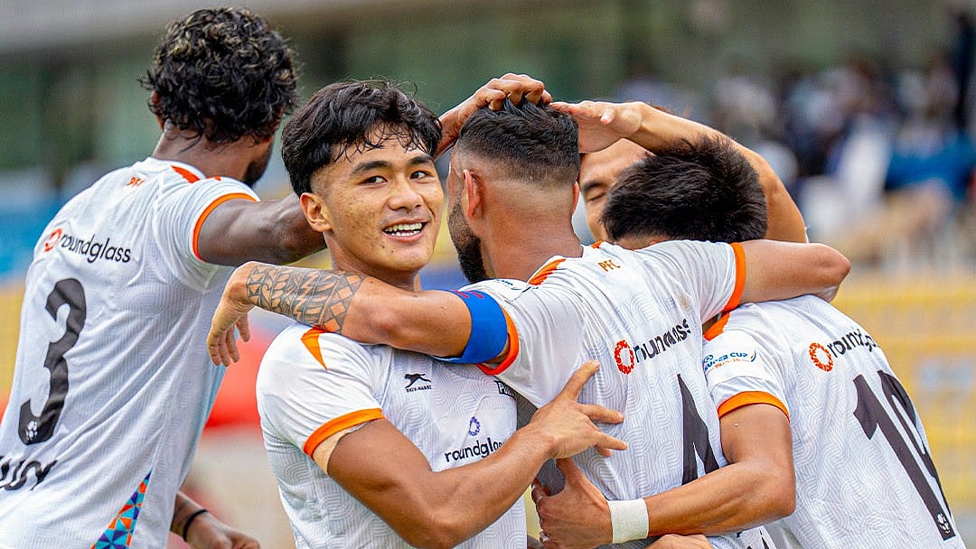 | Photo: X/RGPunjabFC : Punjab FC players celebrate a goal during the AIFF Super Cup 2025 match against Gokulam Kerala on October 27, 2025.