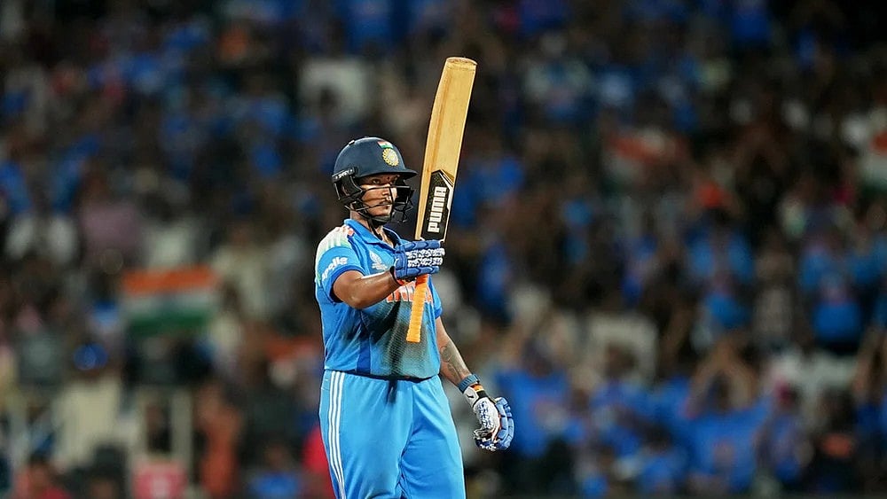 | Photo: AP/Rafiq Maqbool : India's Deepti Sharma celebrates her fifty runs during the ICC Women's Cricket World Cup final match between India and South Africa in Navi Mumbai.