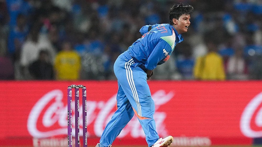 India's Deepti Sharma bowls a delivery during an ICC Women's World Cup semifinal ODI cricket match between India Women and Australia Women, at the DY Patil Stadium, in Navi Mumbai. - | Photo: PTI/Kunal Patil