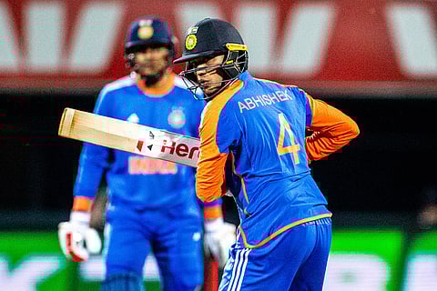 India's Abishek Sharma bats during the T20 cricket international between India and Australia in Hobart.