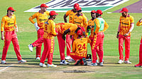 | Photo: X/ZimCricketv : Zimbabwe cricket team in action against Afghanistan during the second T20I in Harare on October 31, 2025.