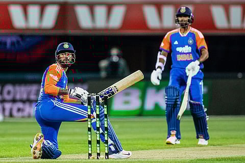 India's Tilak Varma bats during the T20 cricket international between India and Australia in Hobart.