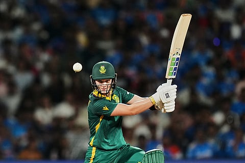 South Africa's captain Laura Wolvaardt plays a shot during the ICC Women's Cricket World Cup final match between India and South Africa in Navi Mumbai.