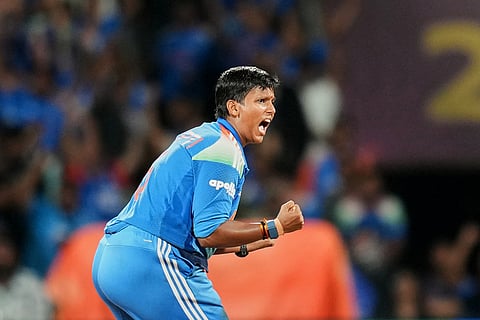 India's Deepti Sharma celebrates the dismissal of South Africa's Chole Tryon during the ICC Women's Cricket World Cup final match between India and South Africa in Navi Mumbai.