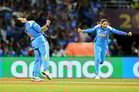 India Vs South Africa Final, ICC Women's World Cup: See Best Photos From Navi Mumbai's DY Patil Stadium | Photo: AP/Rafiq Maqbool : India's captain Harmanpreet Kaur, right, and India's Deepti Sharma celebrate the dismissal of South Africa's Chole Tryon during the ICC Women's Cricket World Cup final match between India and South Africa in Navi Mumbai.