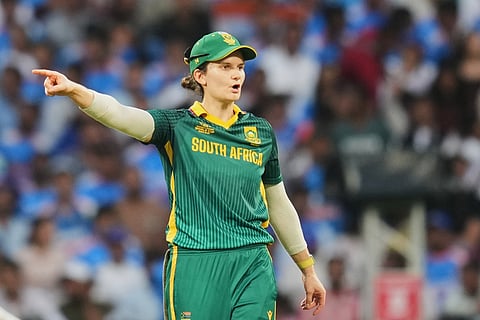 South Africa's captain Laura Wolvaardt places the field during the ICC Women's Cricket World Cup final match between India and South Africa in Navi Mumbai.