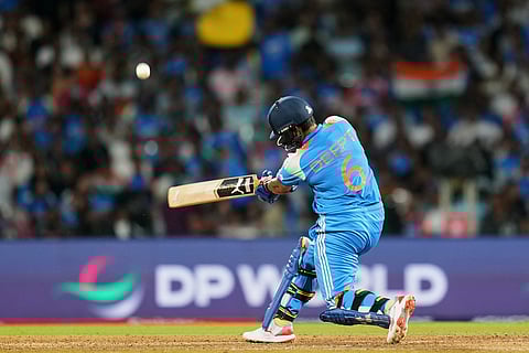 India's Deepti Sharma hits a six during the ICC Women's Cricket World Cup final match between India and South Africa in Navi Mumbai.
