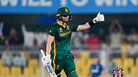 | Photo: AP/Anupam Nath : South Africa's captain Laura Wolvaardt celebrates one hundred and fifty runs during the ICC Women's Cricket World Cup first semifinal match between England and South Africa at Barsapara Cricket Stadium in Guwahati, India, Thursday, Oct. 29, 2025. 
