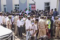 19 Killed, 22 Injured as Gravel-Laden Lorry Collides with Bus in Telangana’s Ranga Reddy District, PM Reacts Photo: PTI : Police personnel outside a hospital where injured are receiving medical treatment after a tipper lorry carrying gravel collided head-on with a public transport bus, in Ranga Reddy district, Telangana.