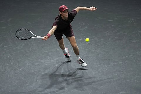 Italy's Jannik Sinner returns to Canada's Felix Auger-Aliassime during the final match of the Paris Masters tennis tournament in Paris.