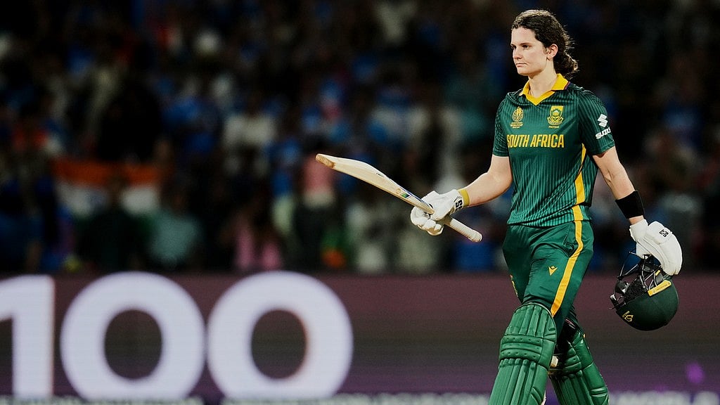 Captain Laura Wolvaardt celebrates her century during the ICC Women's Cricket World Cup final between India and South Africa in Navi Mumbai. - AP