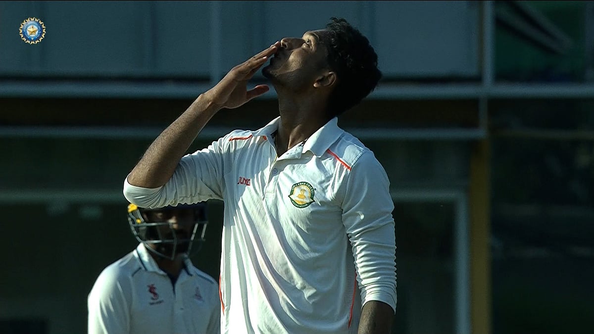 Nachiket Bhute celebrates after a brilliant spell of 5/65 for Vidarbha - X/ BCCIDomestic