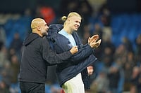 | Photo: AP/Ian Hodgson : Manchester City's head coach Pep Guardiola, left, celebrates with Erling Haaland after the English Premier League soccer match between Manchester City and Bournemouth in Manchester, England.