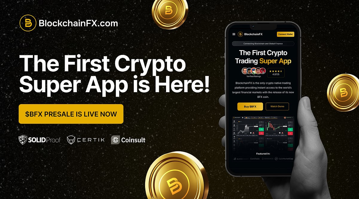A digital ad for BlockchainFX promoting its crypto super app and live token presale