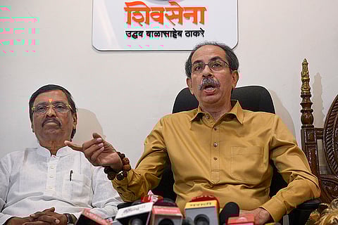 Shiv Sena (UBT) chief Uddhav Thackey addresses a press conference, in Mumbai.