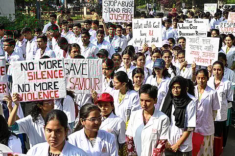 Members of Maharashtra Association of Resident Doctors take out a protest march demanding justice for Dr Sampada Munde, who allegedly died by suicide in Maharashtra's Satara district after facing harassment and sexual assault, in Nagpur, Maharashtra.