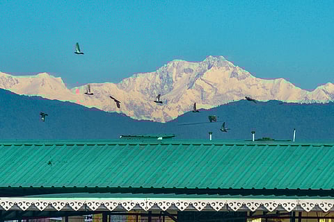 Mount Kanchenjunga, India’s highest mountain peak and world’s third highest peak, is seen from Siliguri, West Bengal.