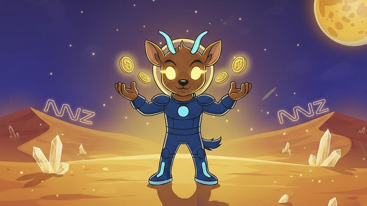 Cartoon antelope mascot Noomez in a blue spacesuit holding glowing coins in a desert landscape.