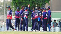 | Photo: X/CricketNep : Nepal players celebrate a wicket during the ICC Cricket World Cup League Two fixture against USA on November 1, 2025.
