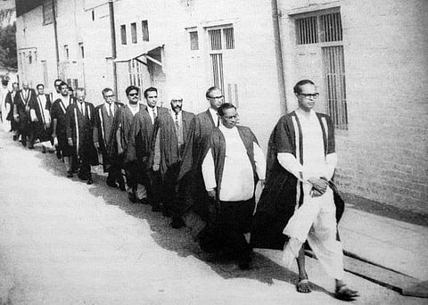 Ritwik Ghatak leading the procession at FTII, 1964.