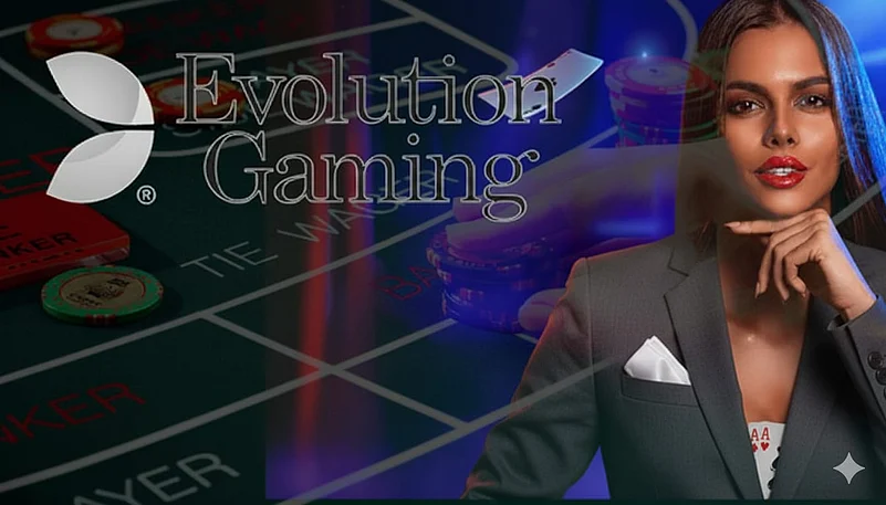 A woman in a suit next to Evolution gaming logo