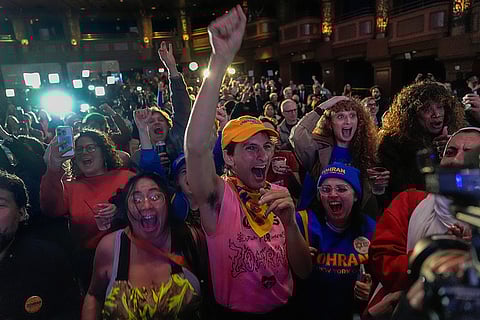 Supporters for Democratic mayoral candidate Zohran Mamdani react as they watch returns during an election night watch party in New York. 