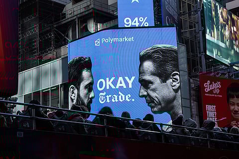 An advertisement by the American company Polymarket show Zohran Mamdani  and Andrew Cuomo ahead of the New York City mayoral election in New York. 