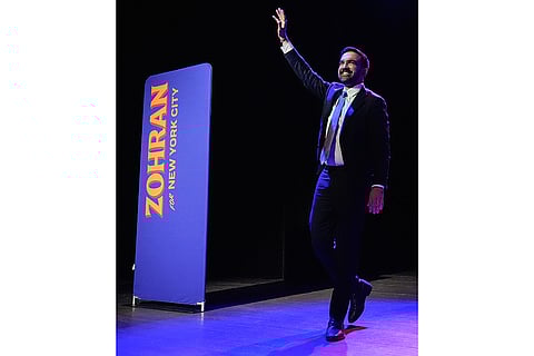 Zohran Mamdani reacts as he walks on stage to speak at a mayoral election night watch party in New York. 