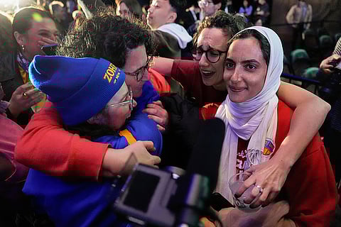 Supporters for Democratic mayoral candidate Zohran Mamdani react as they watch returns during an election night watch party in New York. 