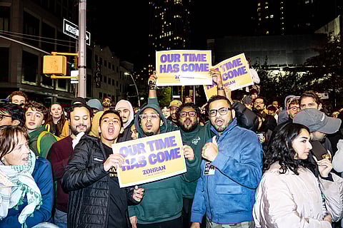 Supporters celebrate after Democratic candidate Zohran Mamdani winning the New York City mayoral election in New York City, the United States. 
