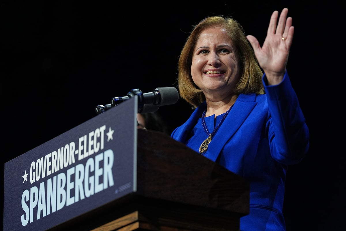 Democrat Ghazala Hashmi speaks on stage at an election night watch party for Democrat Abigail Spanberger after Hashmi was declared the winner of the Virginia lieutenant governor's race Tuesday, Nov. 4, 2025, in Richmond, Va.  - AP