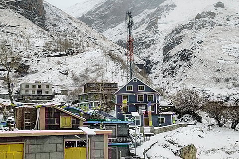 A view of a snow-covered area, in Lahaul and Spiti.