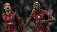 Ajax Vs Galatasaray Highlights, UEFA Champions League 2025-26: Victor Osimhen Hat-Trick Fires Cim-Bom To 3-0 Win (AP Photo/Patrick Post) : Galatasaray's Leroy Sane, left, and Victor Osimhen celebrate after a goal during the Champions League between Ajax and Galatasaray in Amsterdam, Netherlands, Wednesday, Nov. 5, 2025.