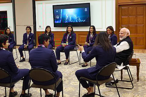Prime Minister Narendra Modi meets the Indian Women's World Cup-winning team at his residence, in New Delhi. 
