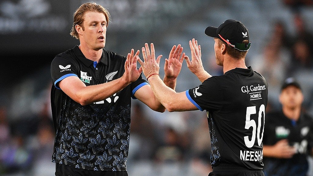New Zealand Vs West Indies Highlights, 2nd T20I: Kyle Jamieson, left, is congratulated by teammate Jimmy Neesham after taking the wicket of Alick Athanaze during the first T20I. - Photo: Chris Symes/Photosport via AP                 
