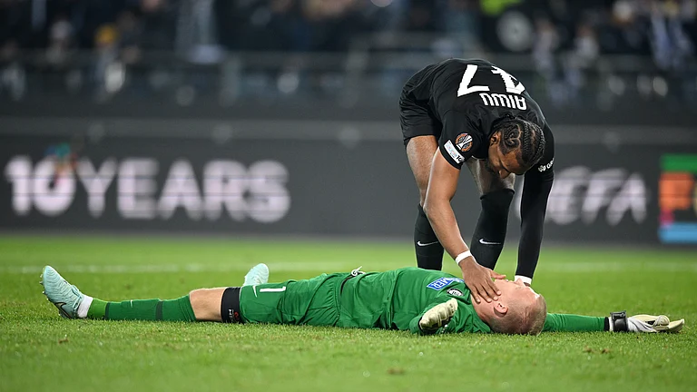 Sturm Graz's Oliver Christensen saved a Morgan Gibbs-White penalty against Nottingham Forest in UEFA Europa League. - null