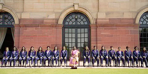 President Droupadi Murmu with the ODI World Cup winning women's cricket team during a meeting, at Rashtrapati Bhavan, in New Delhi.