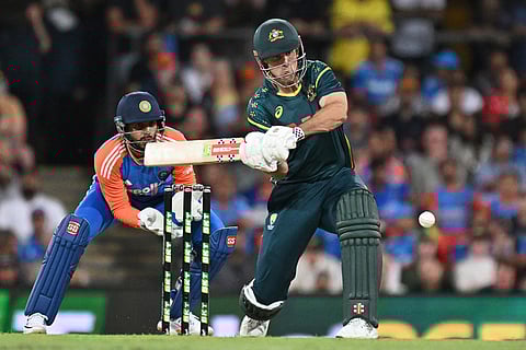 Australia's Mitchell Marsh bats during a T20 cricket international between India and Australia in Carrara, Australia.