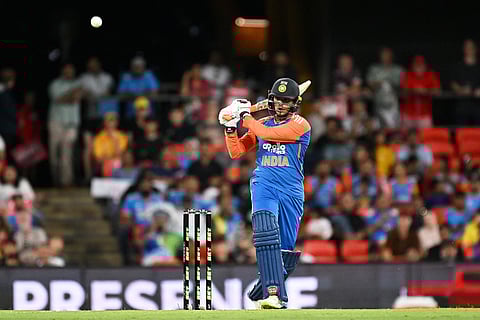 India's Abhishek Sharma bats during a T20 cricket international between India and Australia in Carrara, Australia.
