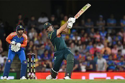 Australia's Mitchell Marsh bats during a T20 cricket international between India and Australia in Carrara, Australia.