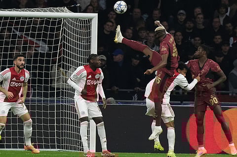 Galatasaray's Victor Osimhen scores during the Champions League between Ajax and Galatasaray in Amsterdam, Netherlands.
