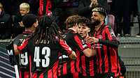 (Bo Amstrup/Ritzau Scanpix via AP) : Midtjylland's Mikel Gogorza celebrates with teammates after scoring their sides second goal of the game during the Europa League soccer match between FC Midtjylland and Celtic FC in Herning, Denmark, Thursday, Nov. 6, 2025. 
