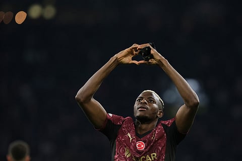 Galatasaray's Victor Osimhen reacts after scoring during the Champions League between Ajax and Galatasaray in Amsterdam, Netherlands.